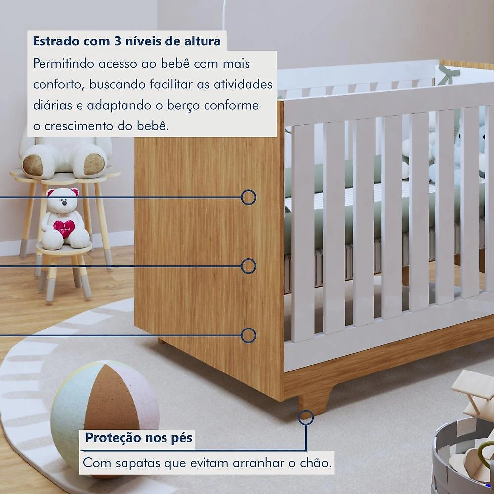 Quarto de Bebê 100% MDF Berço Minicama com Colchão, Cômoda e Guarda Roupa 3 Portas Life Branco/Ypê