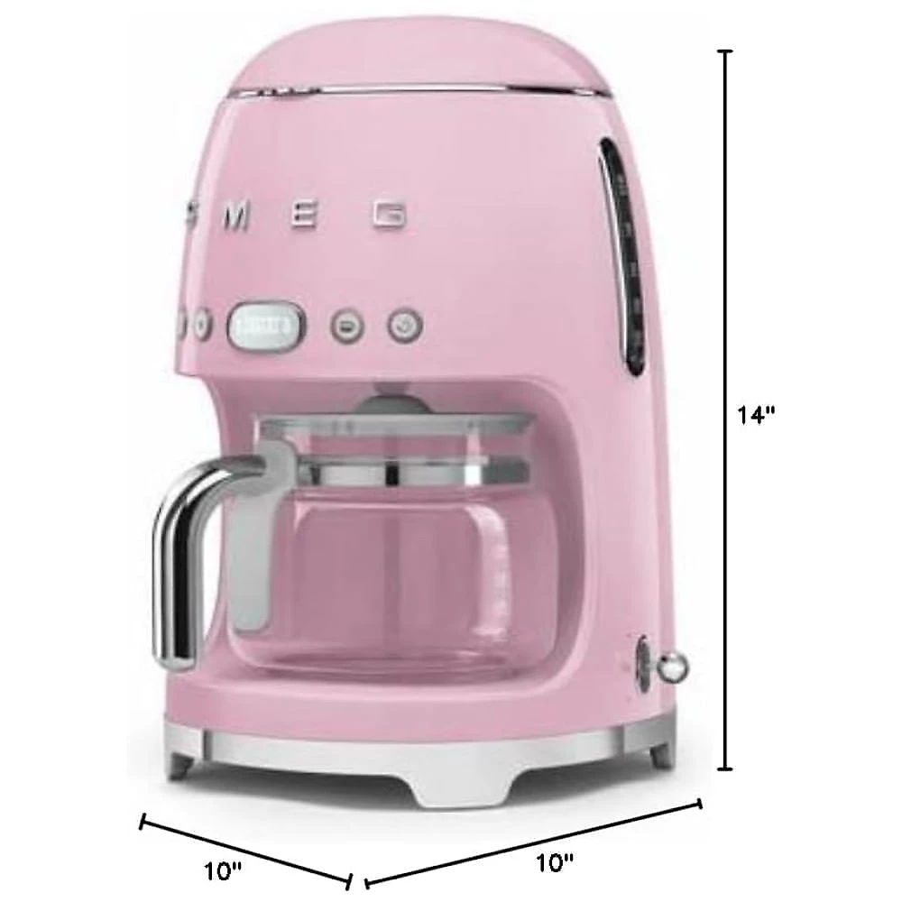 Cafeteira Smeg DCF02 com Jarra de Vidro Extra DCFC01 10 Xícaras - Início Automático, Função de Manter Aquecido, Design Retrô Anos 1950 Rosa
