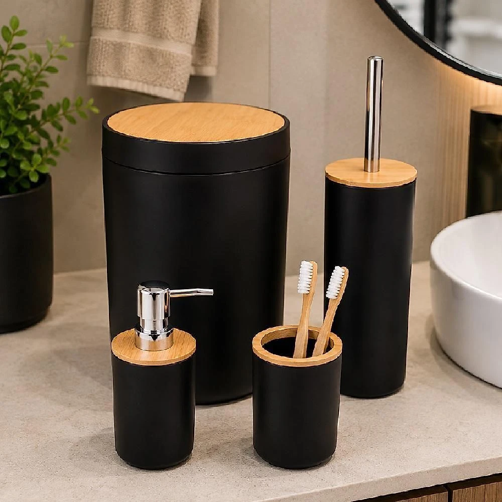 Kit Banheiro 4 Peças Lixeira Escova Sanitária Organizador Dispenser Bambu Preto Yeet