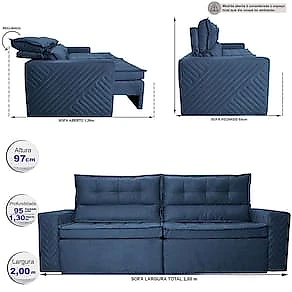 Sofá 3 Lugares Cama inBox Belém Retrátil e Reclinável Revestido em Suede Velusoft - 200cm de Largura Azul