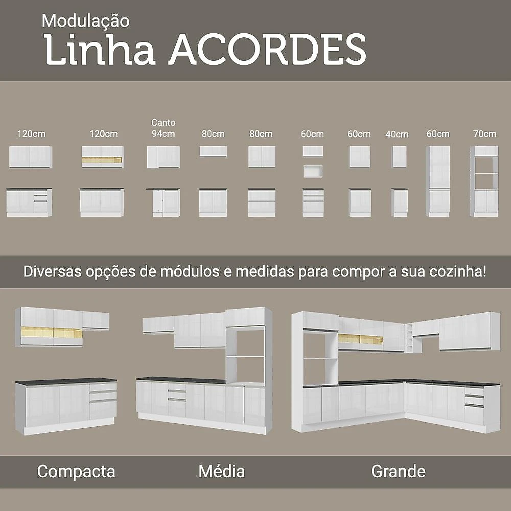 Armário de Cozinha Completa Canto 100% MDF Madesa Acordes XA419001 (Sem Tampo) Portas Branco Brilho Branco