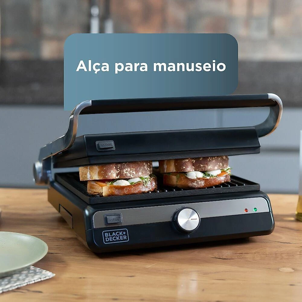 Grill elétrico black+decker g1500g gourmand gris 1500w abertura 180° chapas removíveis antiaderente inox 110