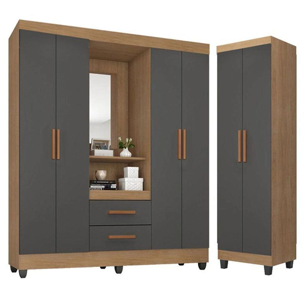 Guarda Roupa Casal Capela Com Armário Multiuso Lite Nature Cinza - Móveis Leão