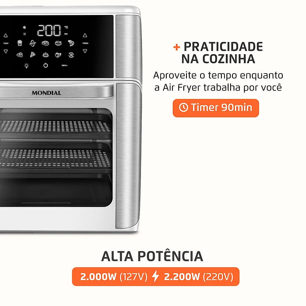 Fritadeira Air Fryer Forno Oven 12L Mondial Branco/Inox 2000W - AFON-12L-WI 127V