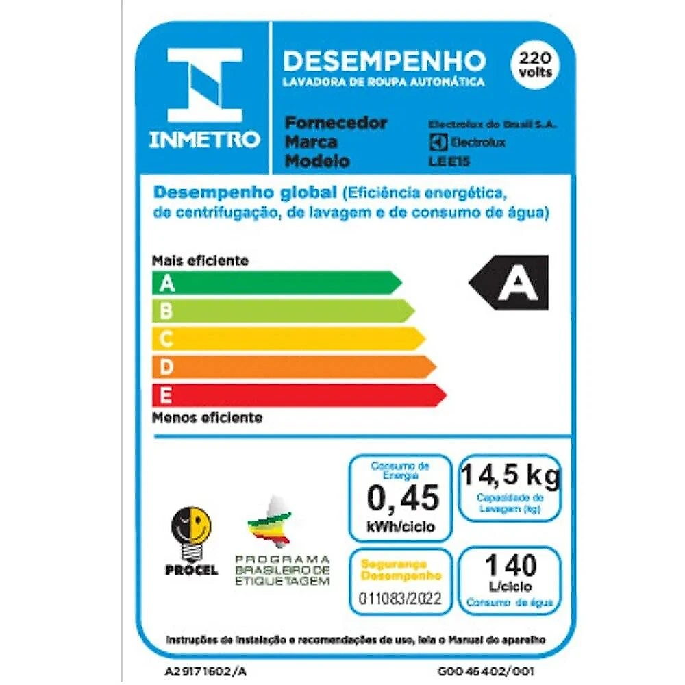 Máquina de Lavar Roupas 14,5Kg Electrolux LEE15, Branca - 220V 220 Volts
