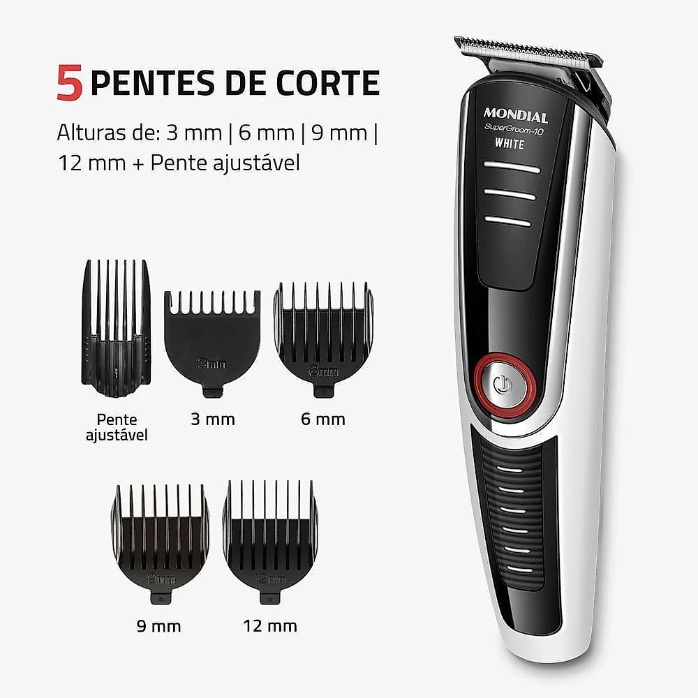 Aparador de pelos mondial bg-08 lâmina inox sem fio base carregadora preto e branco bivolt