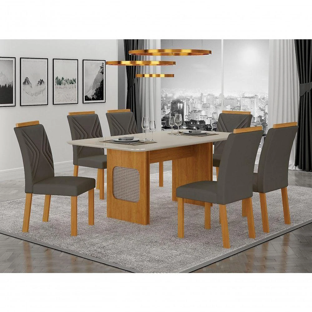 Conjunto de Jantar Lara 6 Lugares Tampo em Vidro com Ratan Cinamomo Off White Joli Chumbo 160CM