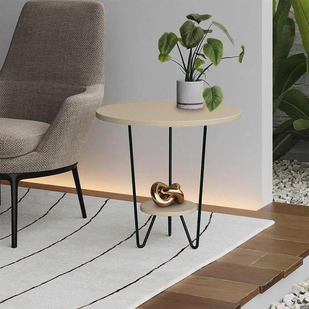 Mesa Lateral Redonda Industrial Italy Ferro Preto E Tampo Off-white