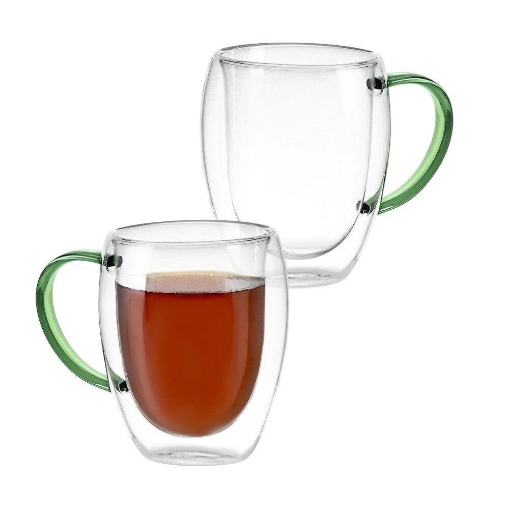 Kit 2 Xícaras Em Vidro Borossilicato Parede Dupla 350ml Verde
