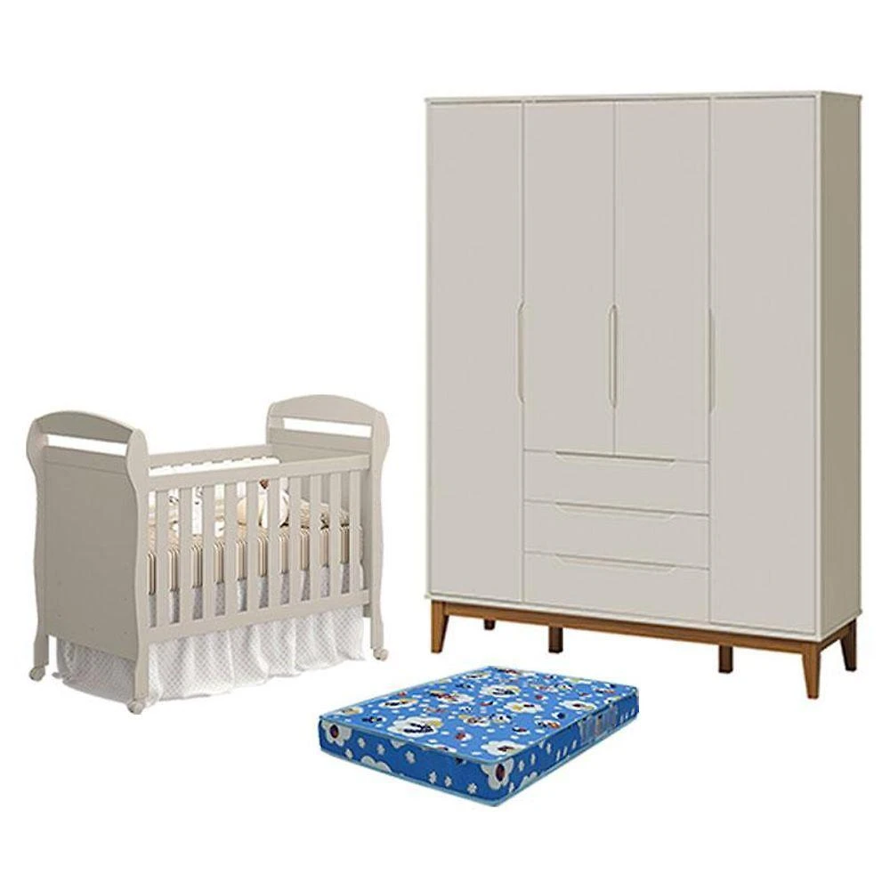 Kit Berço Americano Danny com Colchão e Guarda Roupa 4 Portas MDF 148cm Areia Acetinado Amadeirado