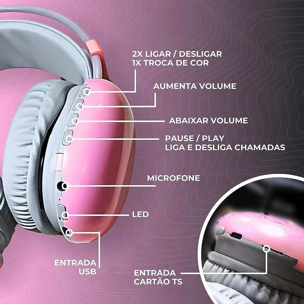 Fone De Ouvido Sem Fio Bluetooth V5.3 Com Led Rgb Headset Bluetooth Disco Pulse