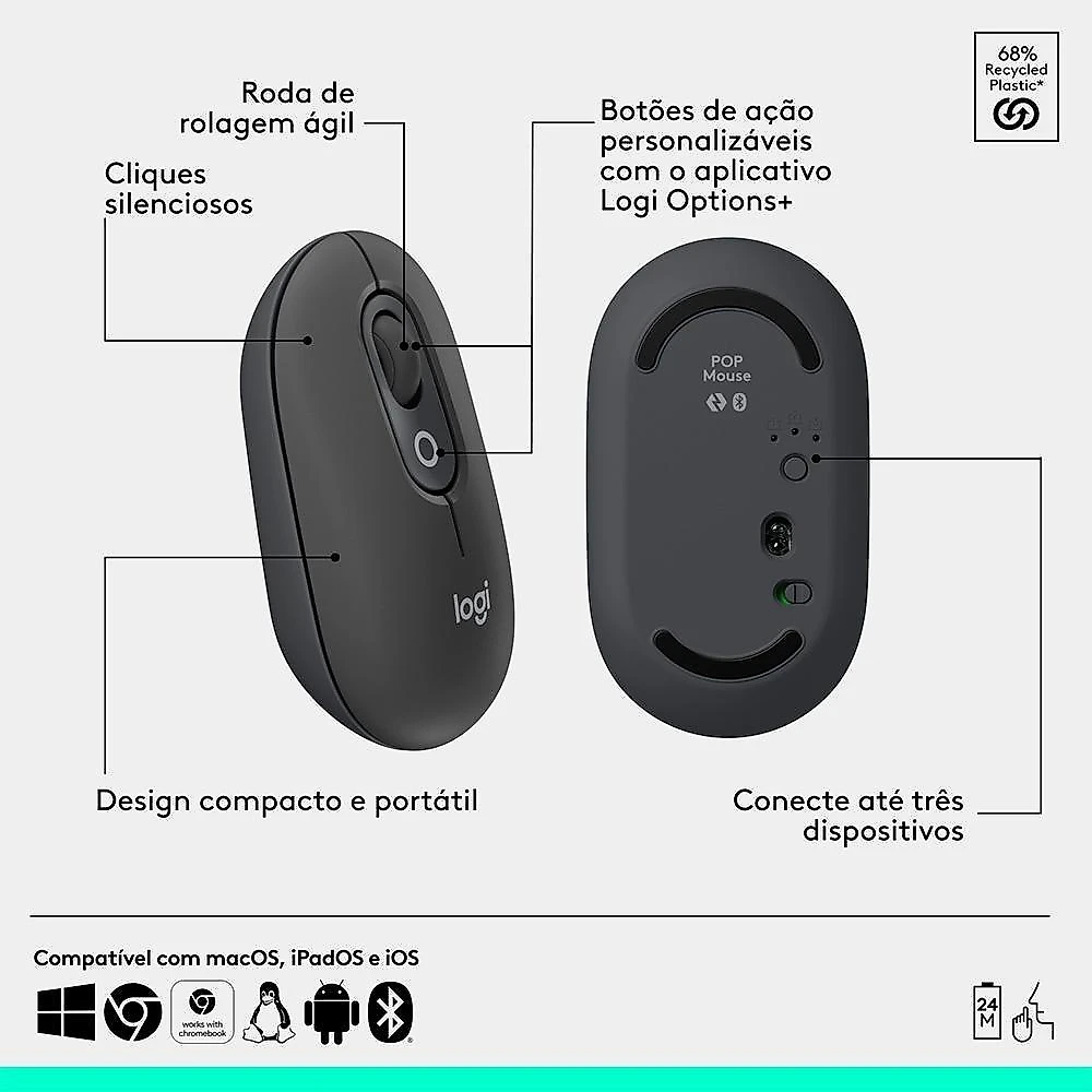 Kit Teclado e Mouse Sem Fio Logitech POP Icon com Teclas e Botões Personalizáveis, Silencioso, Bluetooth, Grafite - 920-013056