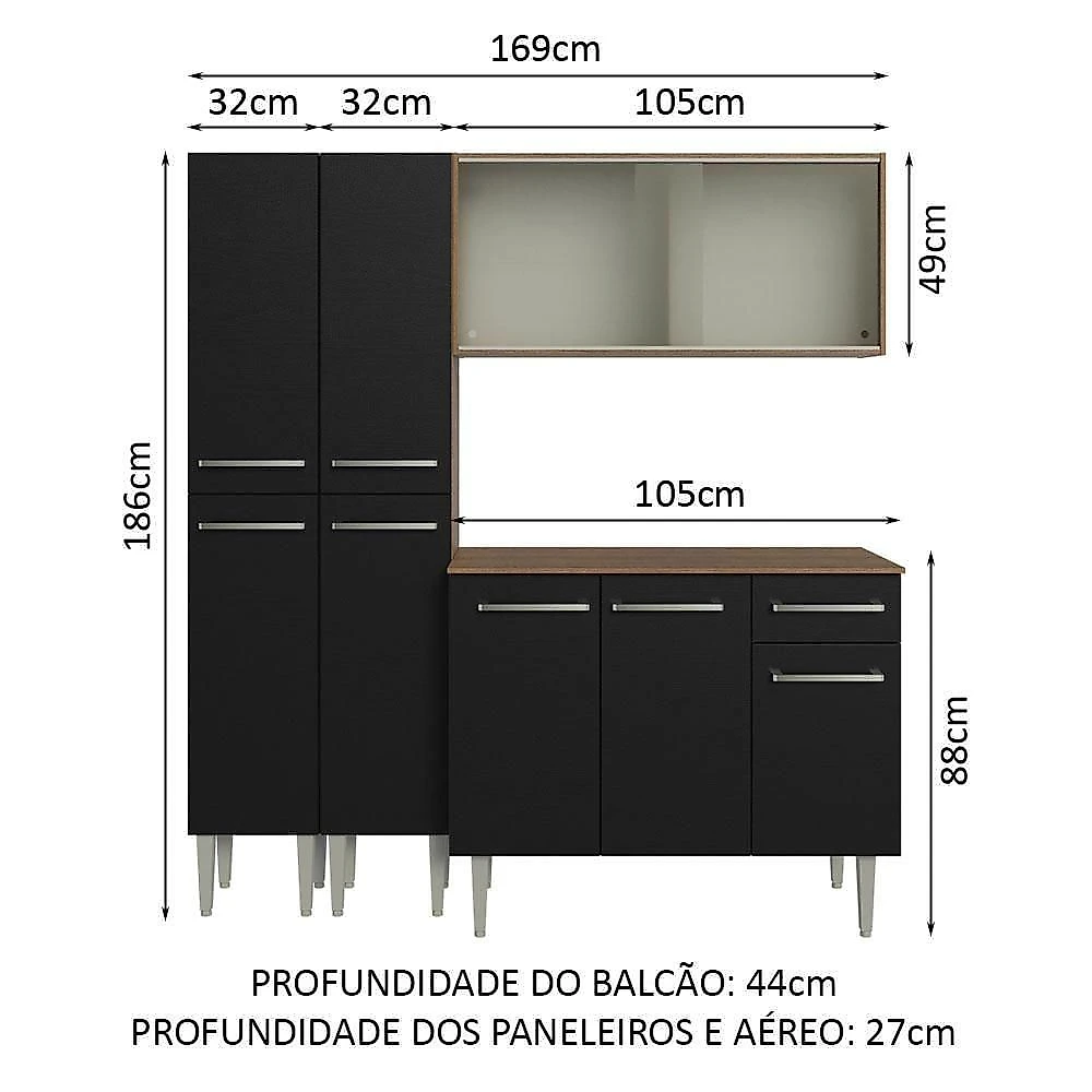 Armário De Cozinha Compacta 169cm Rustic/preto Emilly Madesa 10 Rustic/preto Rustic/preto