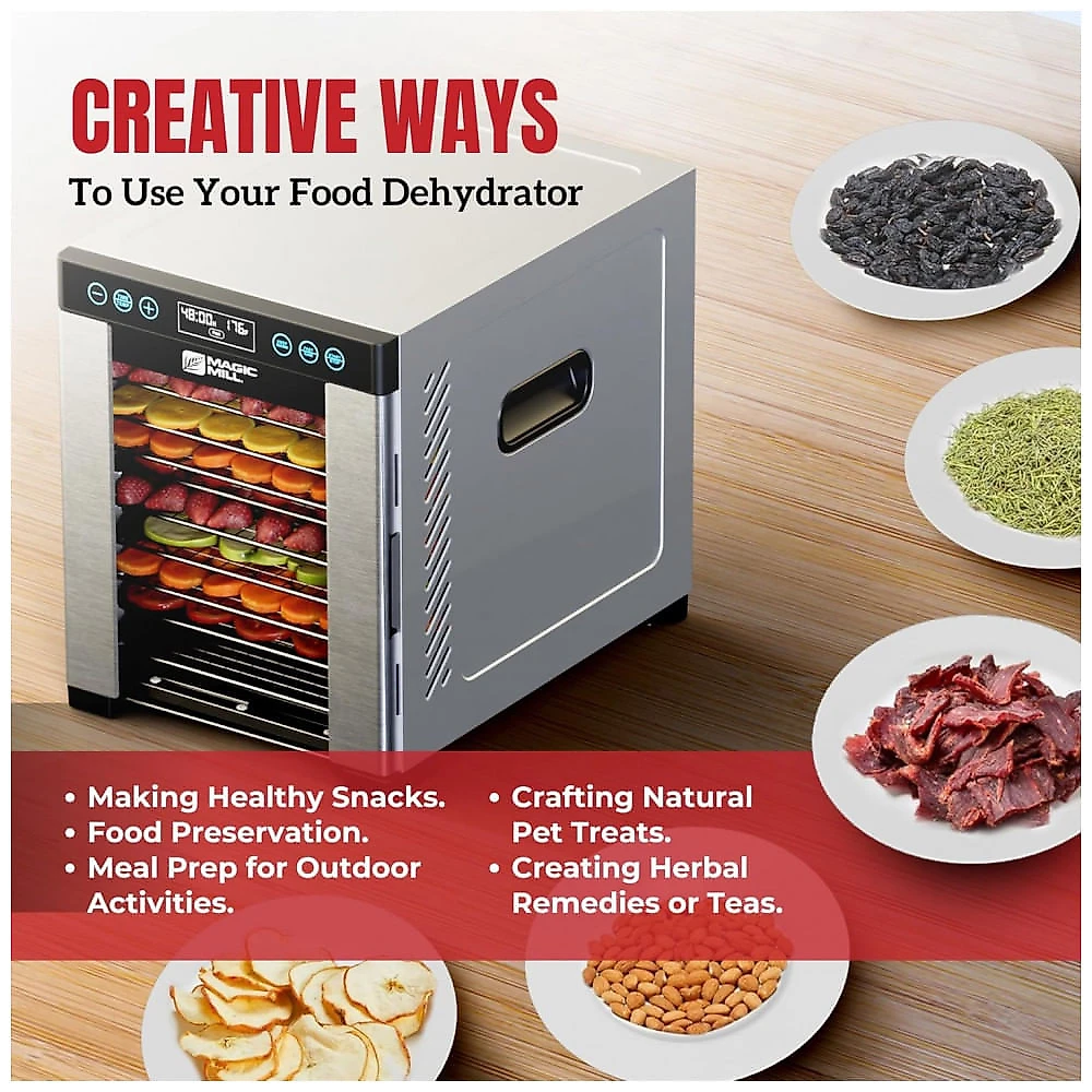 Desidratador de Alimentos Magic Mill Pro com 10 Bandejas em Aço Inoxidável para Jerky, Petiscos para Cães, Ervas, Carne, Frutas