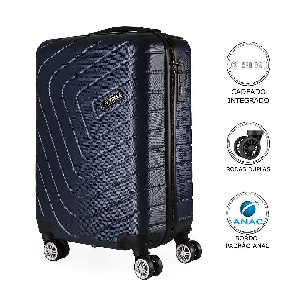 Mala De Bordo Pequena Em Abs Yins Ys21158 Cadeado Integrado Rodas Duplas Giro 360º Azul P