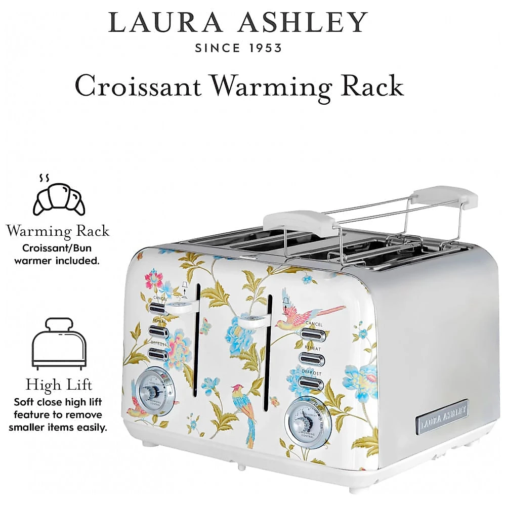 Torradeira 4 Fatias em Aço Inox Laura Ashley Branco com estampa floral Elveden, Slots Largos, 7 Níveis, Funções Descongelar, Reaquecer