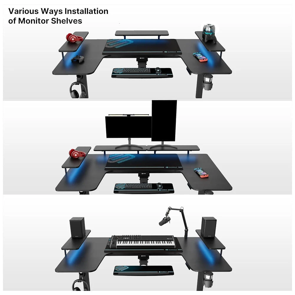 Miniatura Mesa Gamer Ergonômica  74" 187 cm com Altura Ajustável, Ganchos para Fones de Ouvido, Prateleiras Conversíveis e Suporte para Monitor, 110V, EUREKA 110v