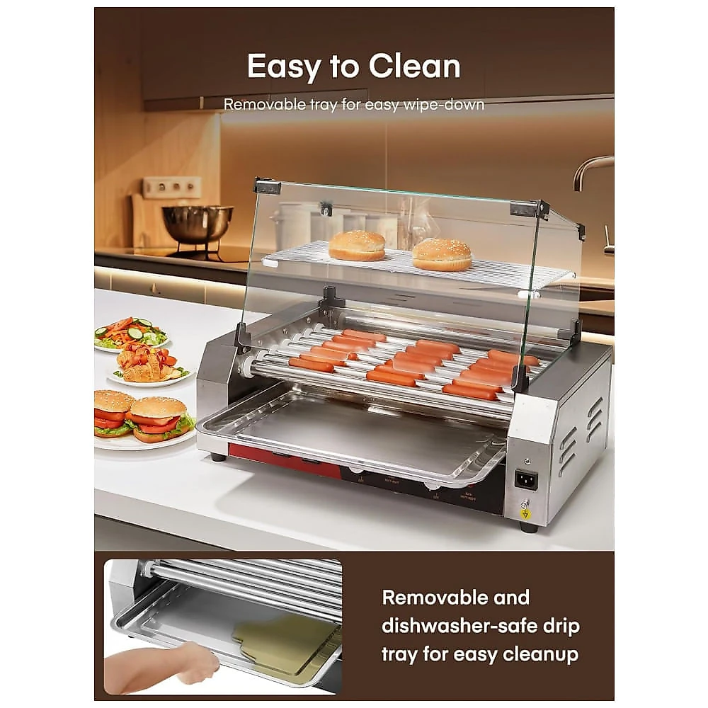 Máquina de Cachorro-Quente FOHERE Hot Dog Roller com 7 Rolos, Capacidade para 1824 Cachorros-Quentes, 1050W de Potência em Aço Inoxidável