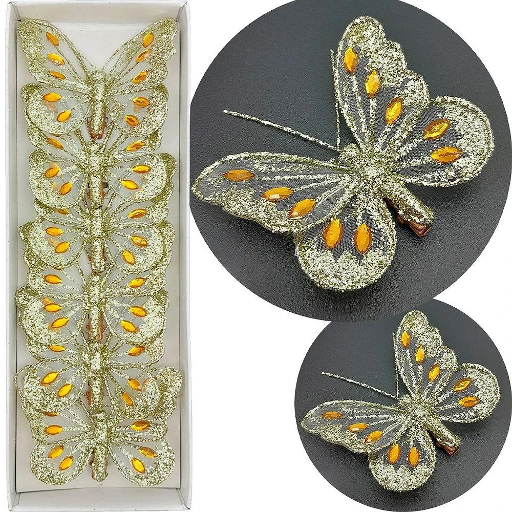 Presilha Prendedor Enfeite Borboleta Natal Dourado 8cm 12pçs
