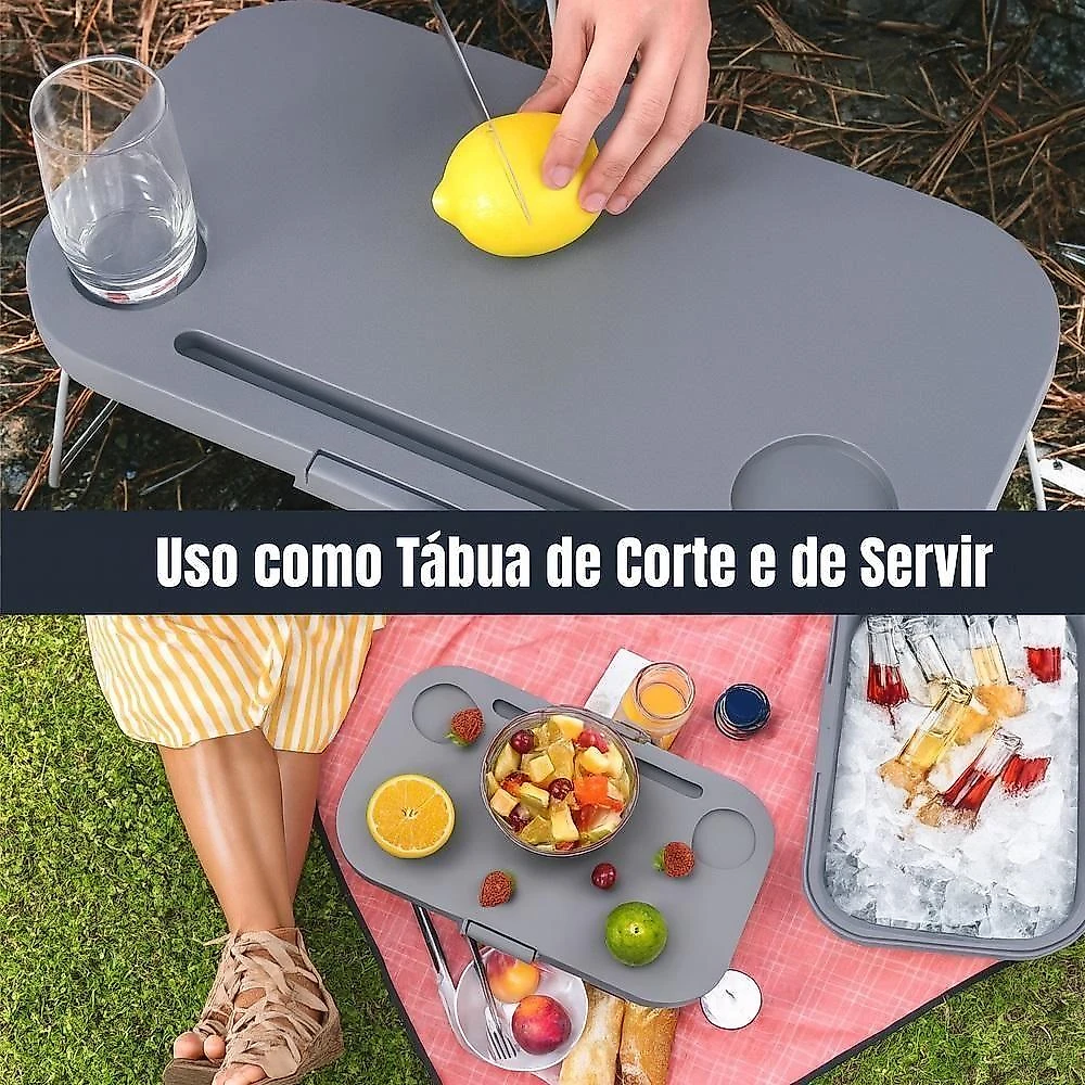 Cesto de Piquenique Dobrável Multiuso 2 em 1 Mesa para Notebook e Porta Tablet em Silicone Cinza