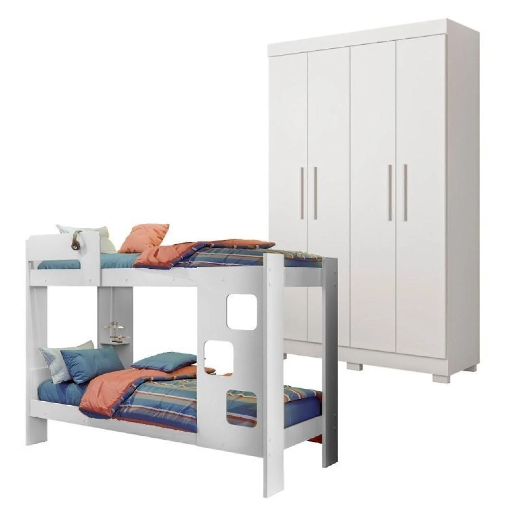 Quarto Infantil/juvenil com Beliche Vegas e Guarda Roupa 4 Portas 3 Gavetas Flórida 100% Mdf 