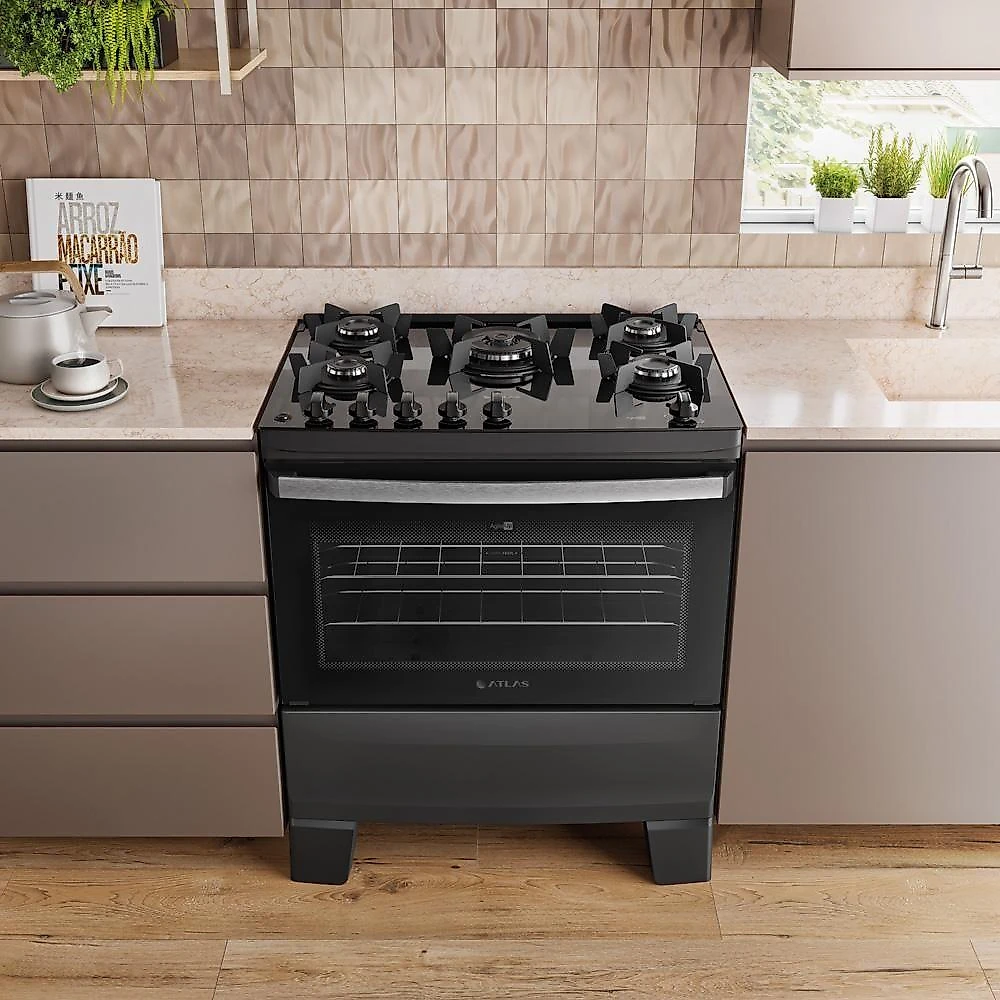 Fogão 5 Bocas Atlas Agile Up Com Mesa De Vidro A Gás Bivolt Preto