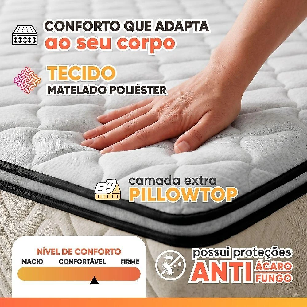 Cama Box com Colchão King Gold Star Pillow Top Molas Ensacadas Suede Bege Hellen Estofados