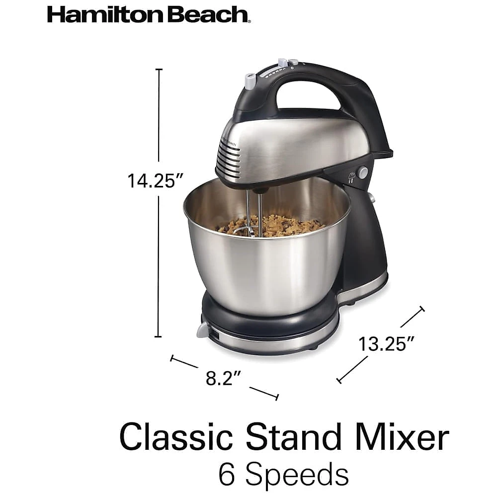 Mixer de Mão e Suporte Clássico Hamilton Beach, 4 Litros, 6 Velocidades com QuickBurst, Descanso de Tigela, 290 Watts de Potência Máxima, Preto e Inox