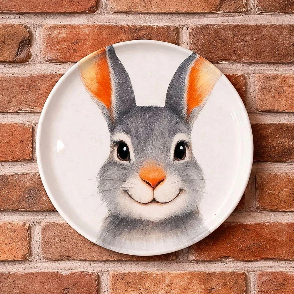 Prato Decorativo de Parede Bio Sorrisos Coelho Páscoa com Suporte 21,5cm Branco