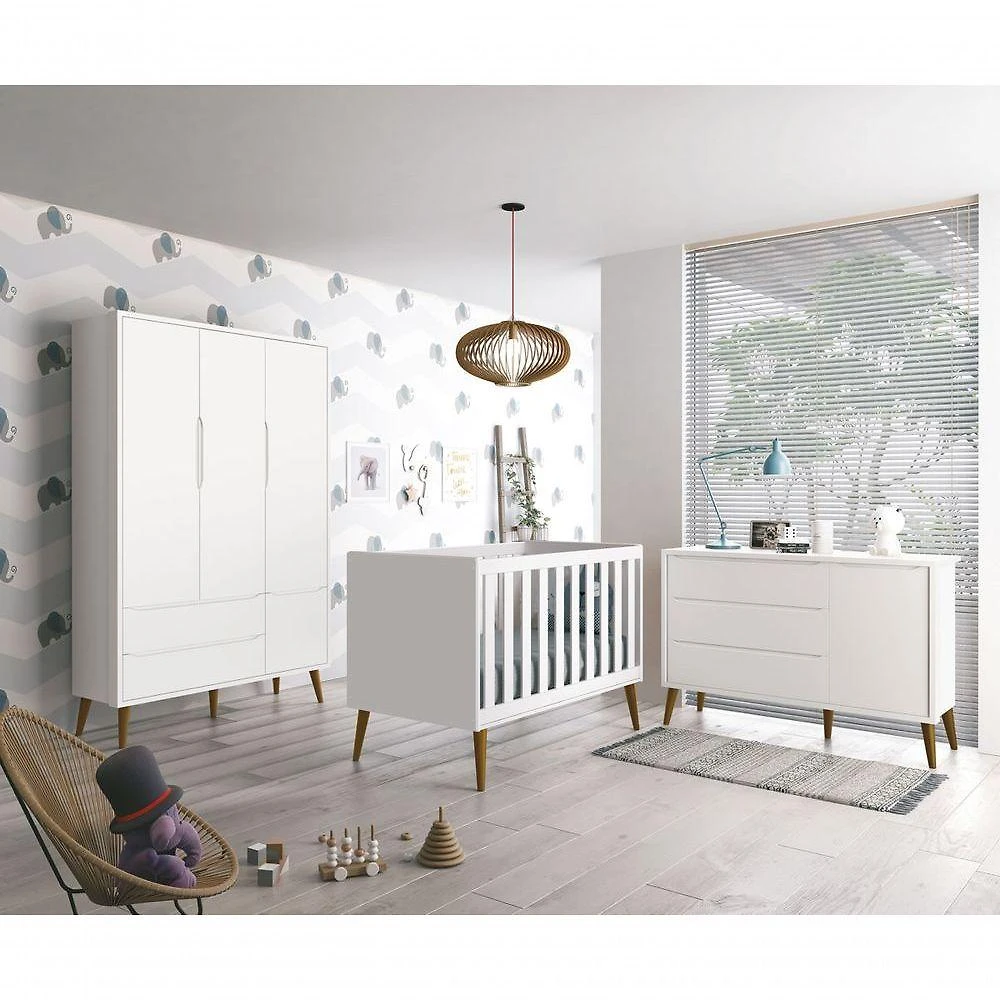 Jogo De Quarto Para Bebê Completo 3 Portas Théo New Branco Fosco Com Madeira - Moveisaqui