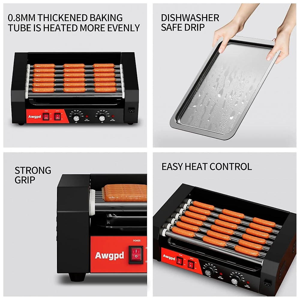 Máquina para Hot Dog 7 Rolos Capacidade 18 Unidades Aço Inox Controle Duplo de Temperatura Tampa de Vidro 1050W 110V Awgpd