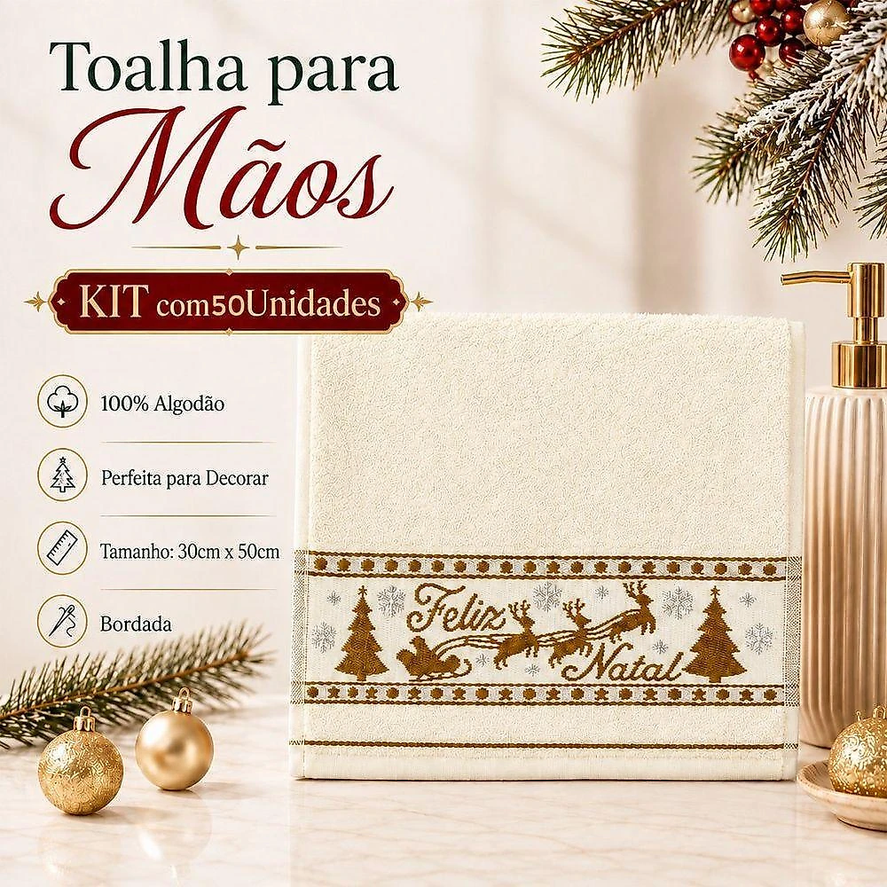 Kit 50 Toalhas de Mãos e Lavabo Natalina 100% Algodão 400g-m2 Creme e Vermelha Bene Casa 30X50CM