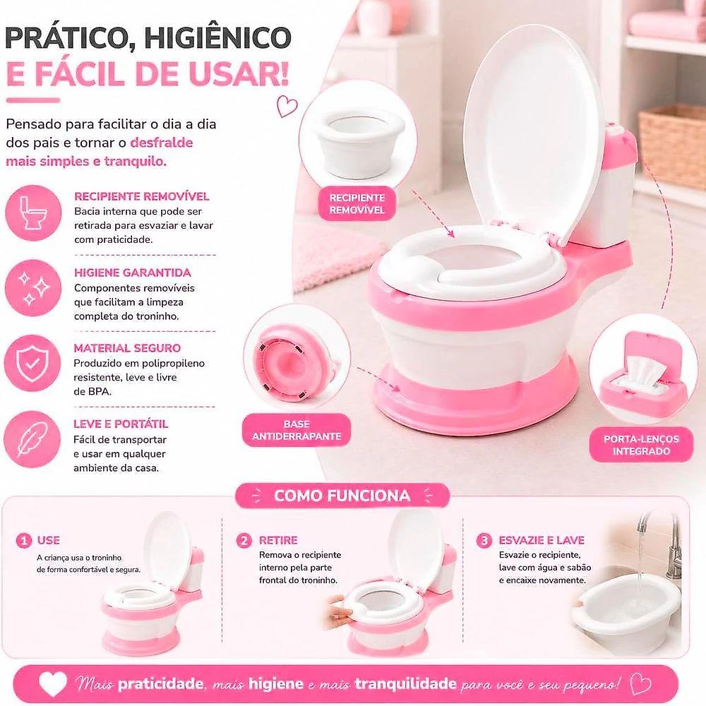 Troninho Privadinha Infantil Desfralde com Assento Redutor Removível Compartimento para Lenços Rosa