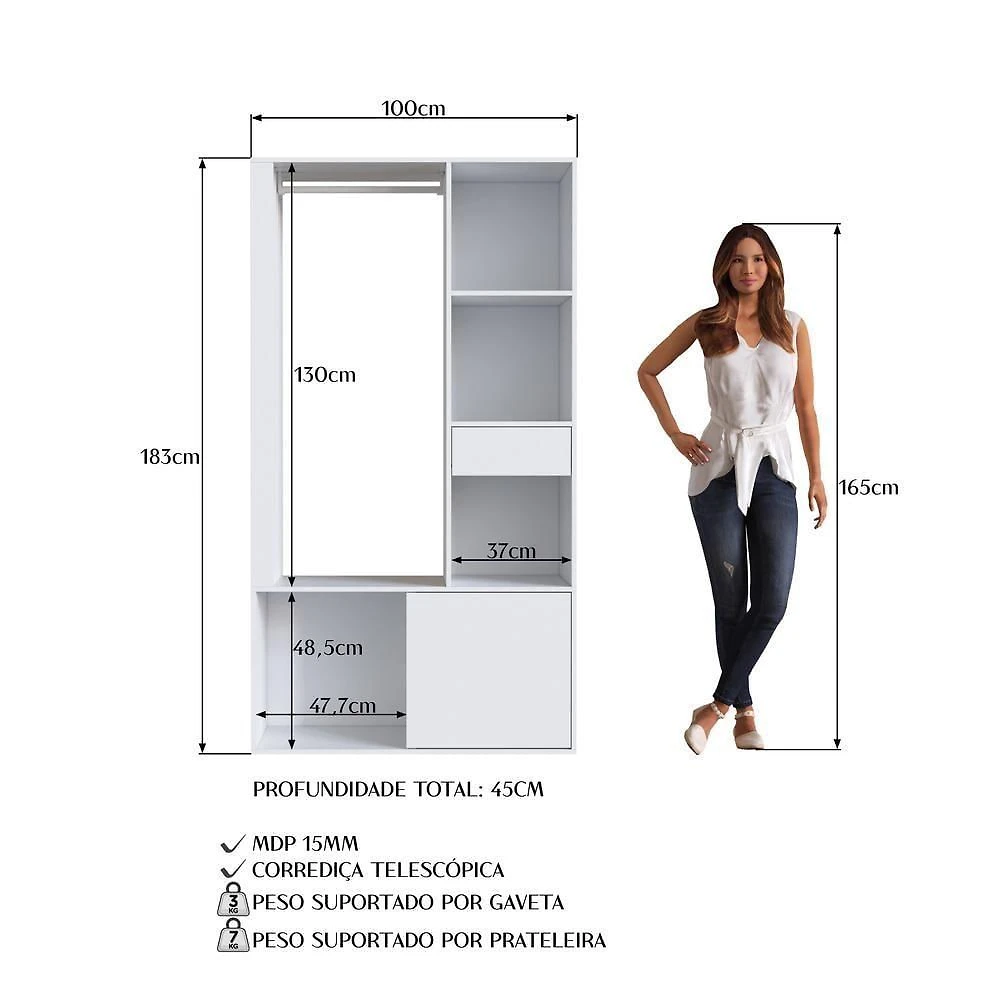 Miniatura Guarda Roupas Closet Com 1 Gaveta 1 Cabideiro 2 Prateleiras E 1 Porta Cl100 Branco