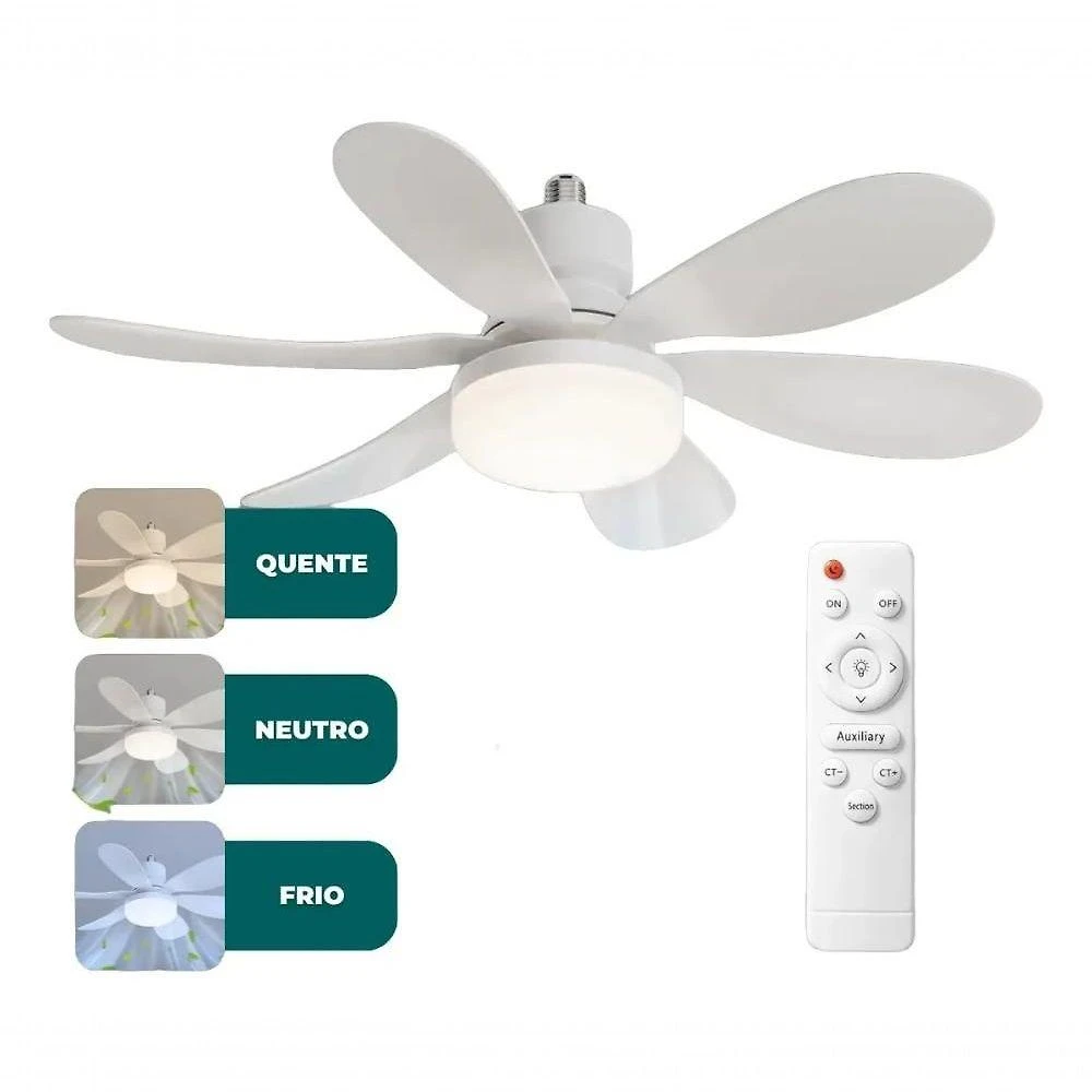 Ventilador de Teto com Lâmpada LED DEX 40cm 6 Pás 3 Velocidades Branco com Controle Remoto