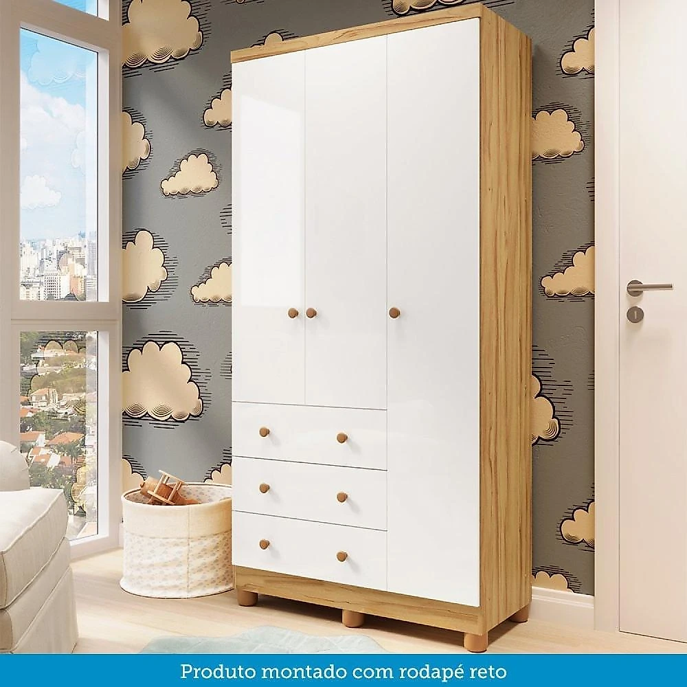 Quarto de Bebê com Guarda Roupas 3 Portas Cômoda e Berço com Rodizio Mimo 100% Mdf Espresso Móveis Branco Brilho/Amêndoa