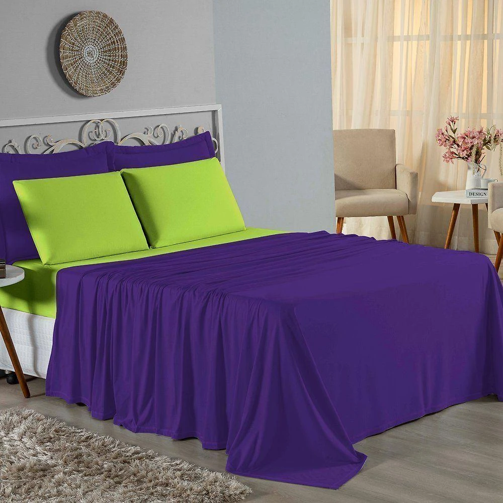 Jogo De Cama Casal Viúva Nobre 4 Peças Malha 100% Algodão - Roxo / Pistache