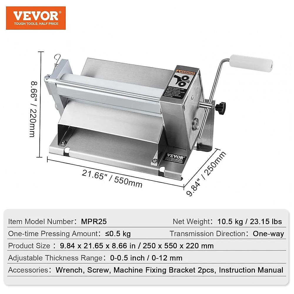 Laminadora de Massa Manual VEVOR MPR25 Inox 28 cm Espessura Ajustável Desmontável