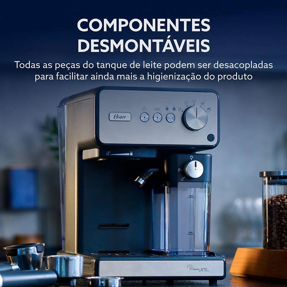 Cafeteira Espresso Oster PrimaLatte Auto-Frothing 15 Bar Cápsula Pó e Sachê Inox 220V