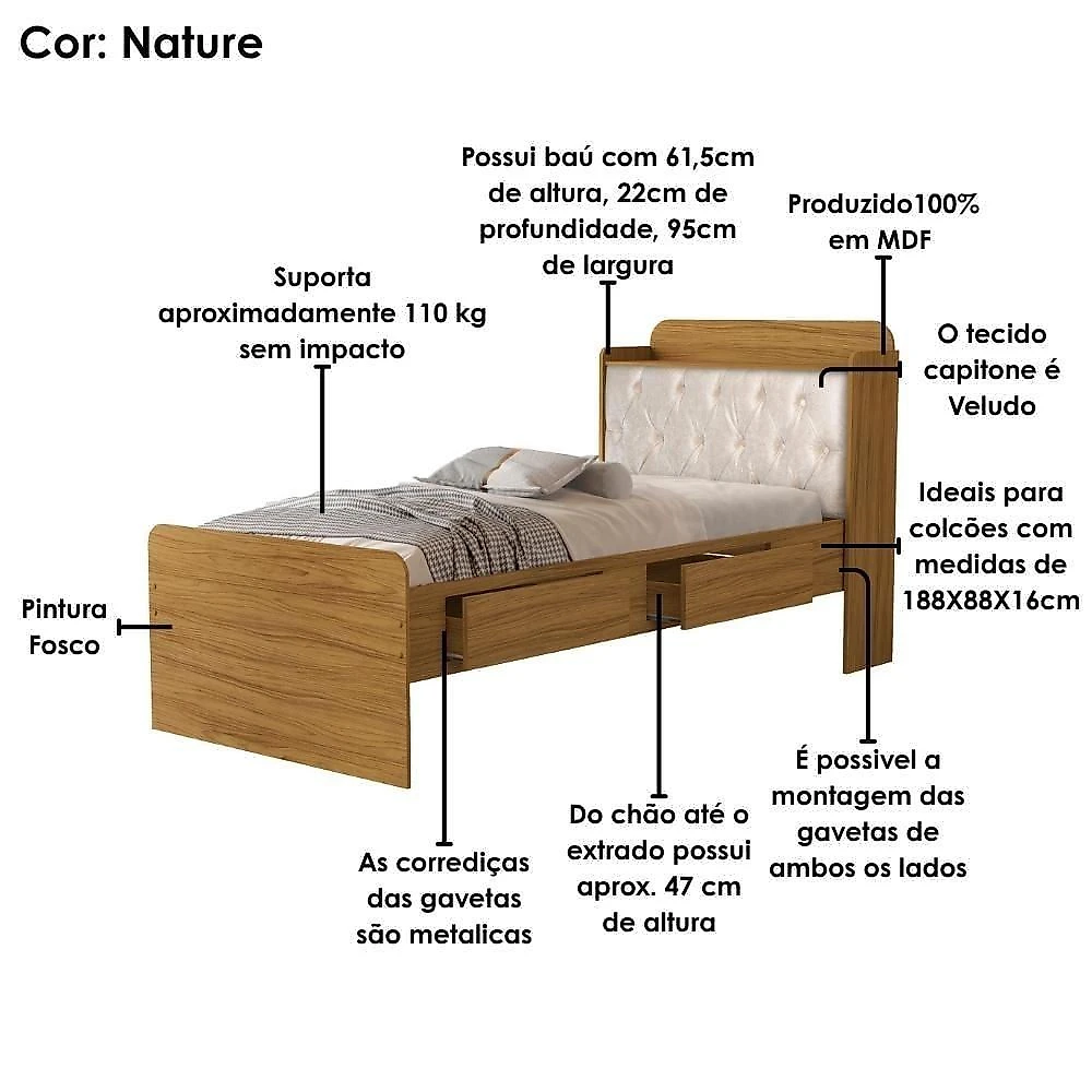 Cama Baú Solteiro Tamires com Gavetas e Cabeceira Capitone Mdf Nature Bege Milani Movelaria