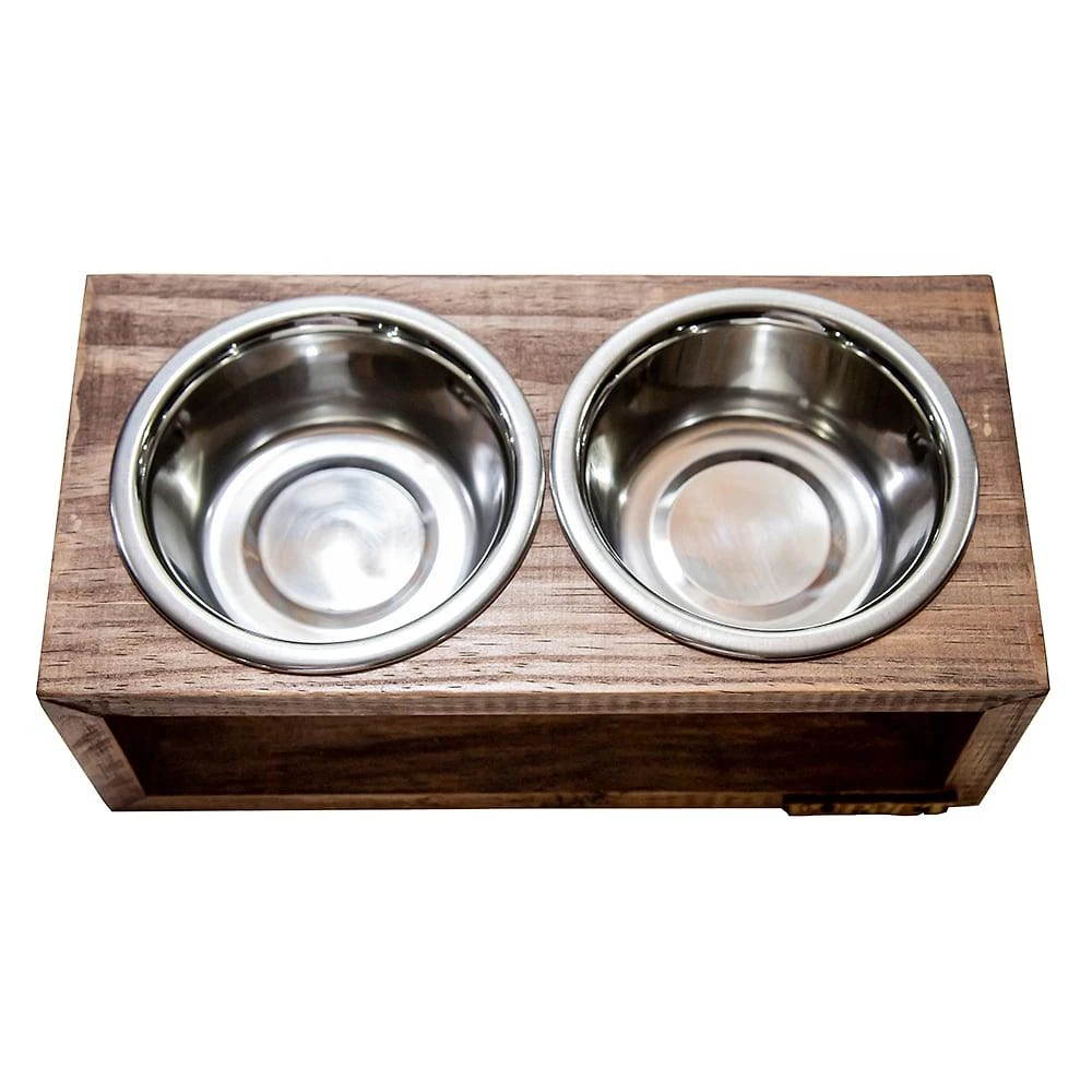 Comedouro Duplo Madeira Marrom para Cães e Gatos - Tam. Único