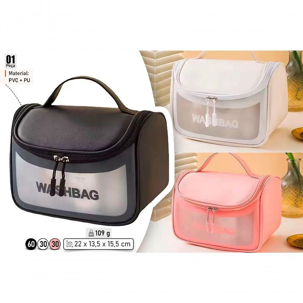 Necessaire Top Rio Comercial Bolsa de Mão Organizadora em Poliéster Preto Branco Rosa Feminina
