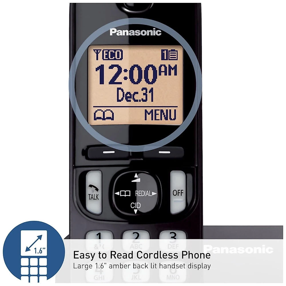 Telefone Sem Fio Panasonic, Display Retroiluminado,Bloqueio de Chamadas, Viva-Voz, 10 Horas de Conversação, 1 Monofone KXTGC200B Preto