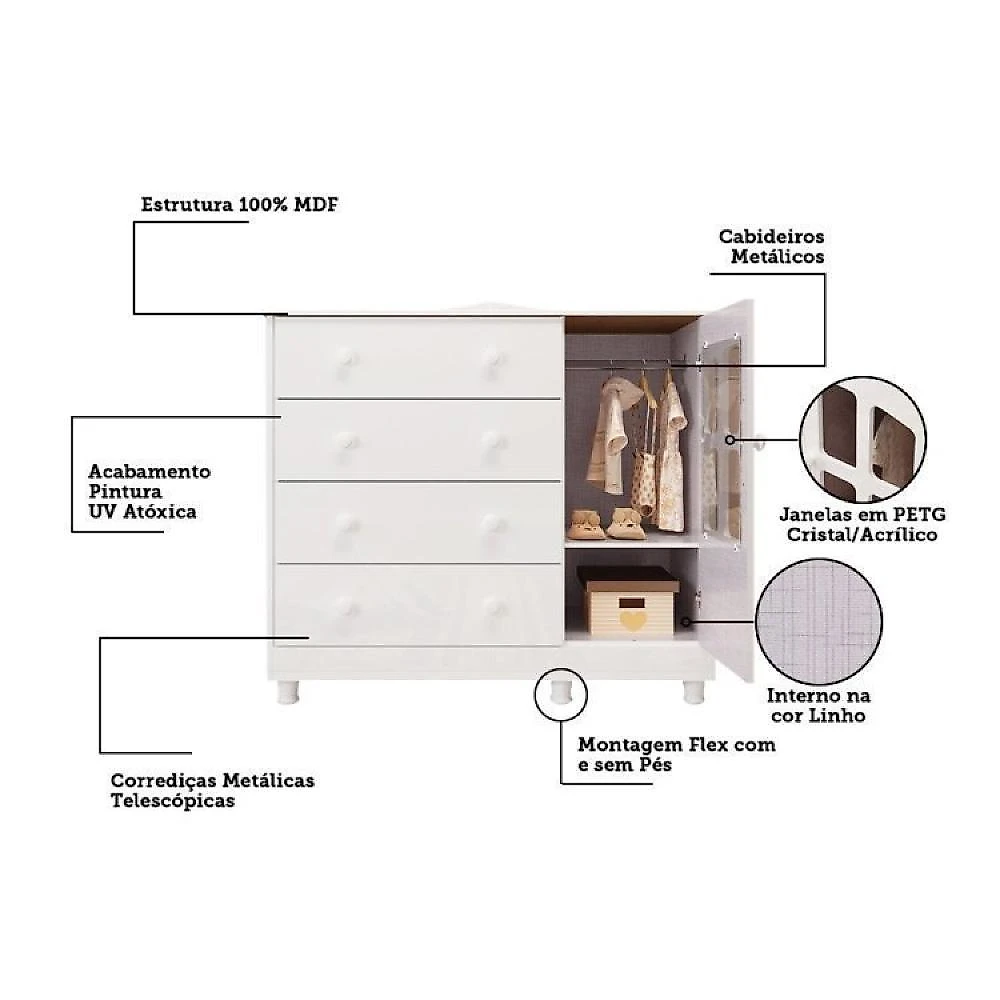 Quarto de Bebê Berço com Capitonê Guarda Roupa e Cômoda com Janela Maya Clássico Espresso Móveis Branco Brilho/Corino Branco