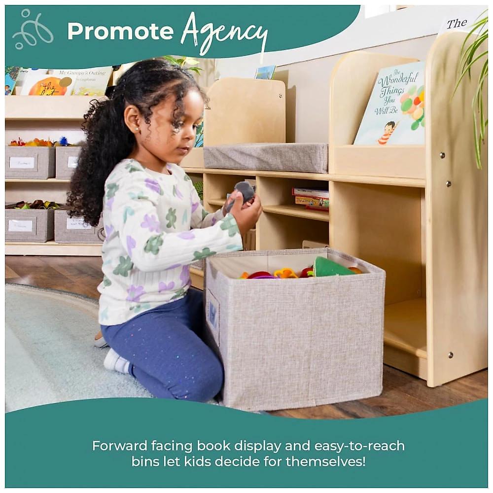 Móvel infantil Guidecraft EdQ Reading Nook natural, estante com assento acolchoado, organizador multiuso com prateleiras e cestos, modelo G80330,