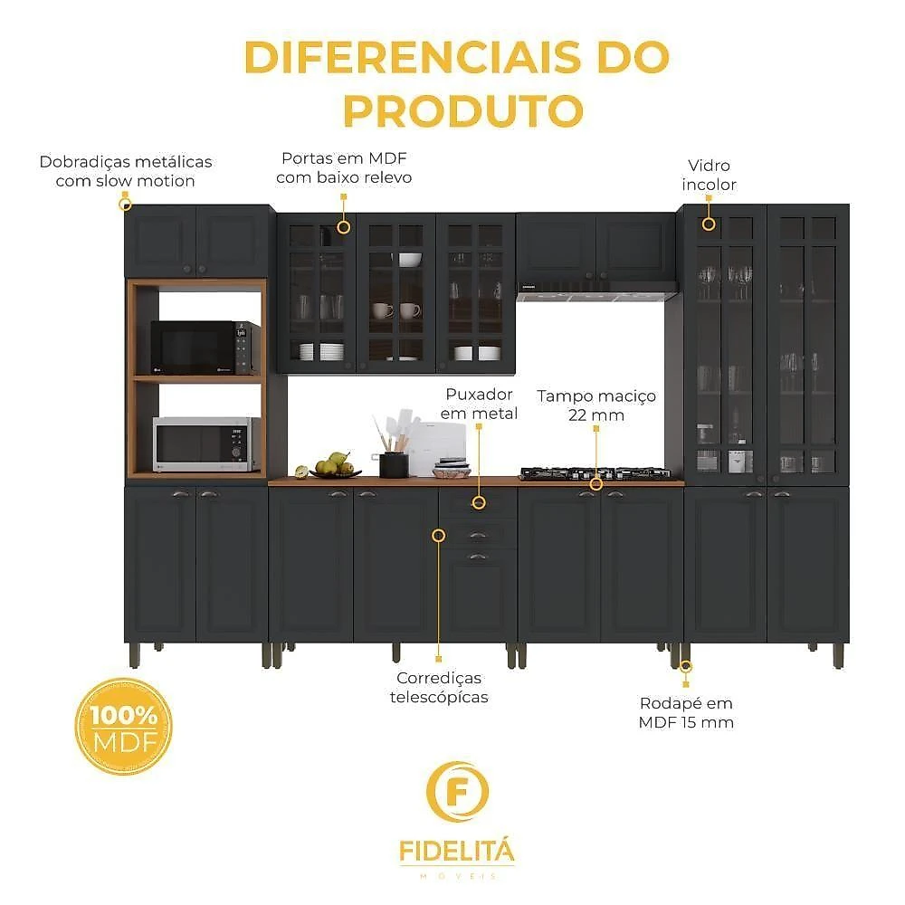 Cozinha Completa Modulada Nara 18 Portas 2 Gavetas MDF 350CM Chumbo Fidelita Móveis