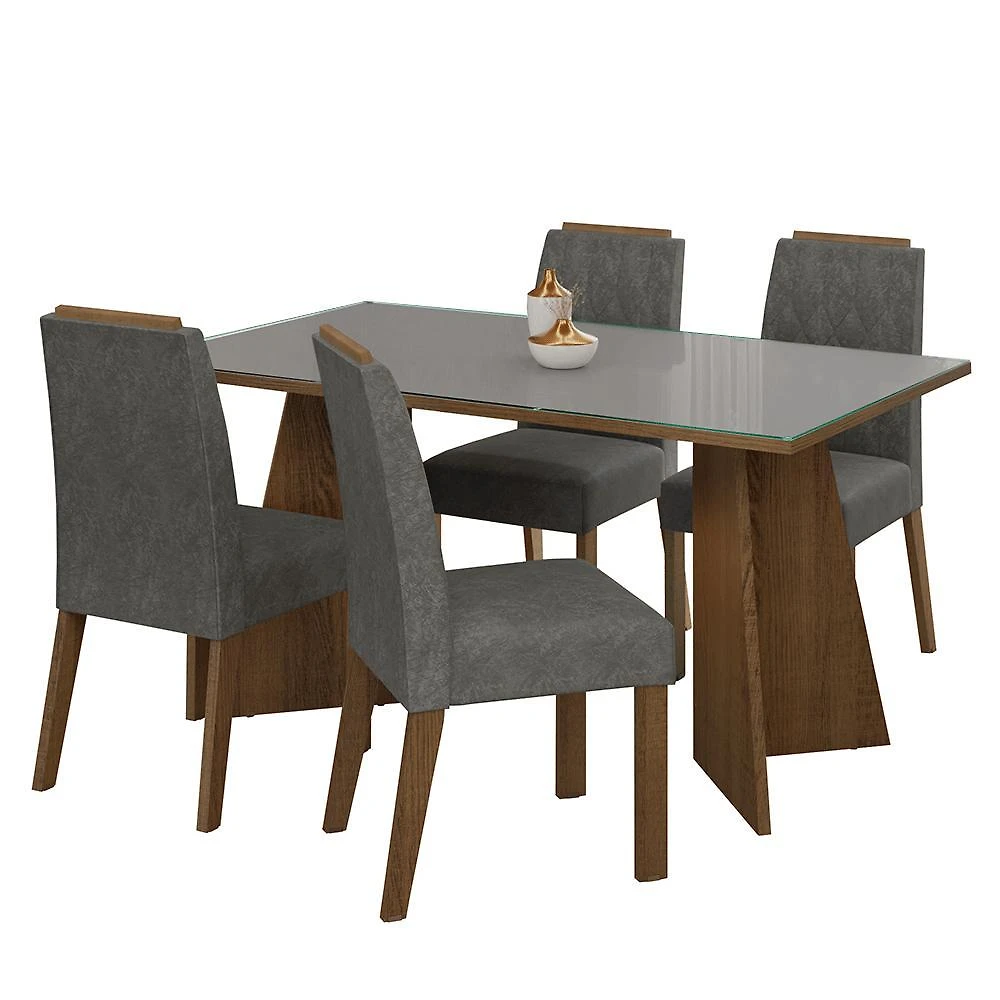 Conjunto sala de jantar mesa tampo de vidro 4 cadeiras rustic/cinza/silver porto madesa