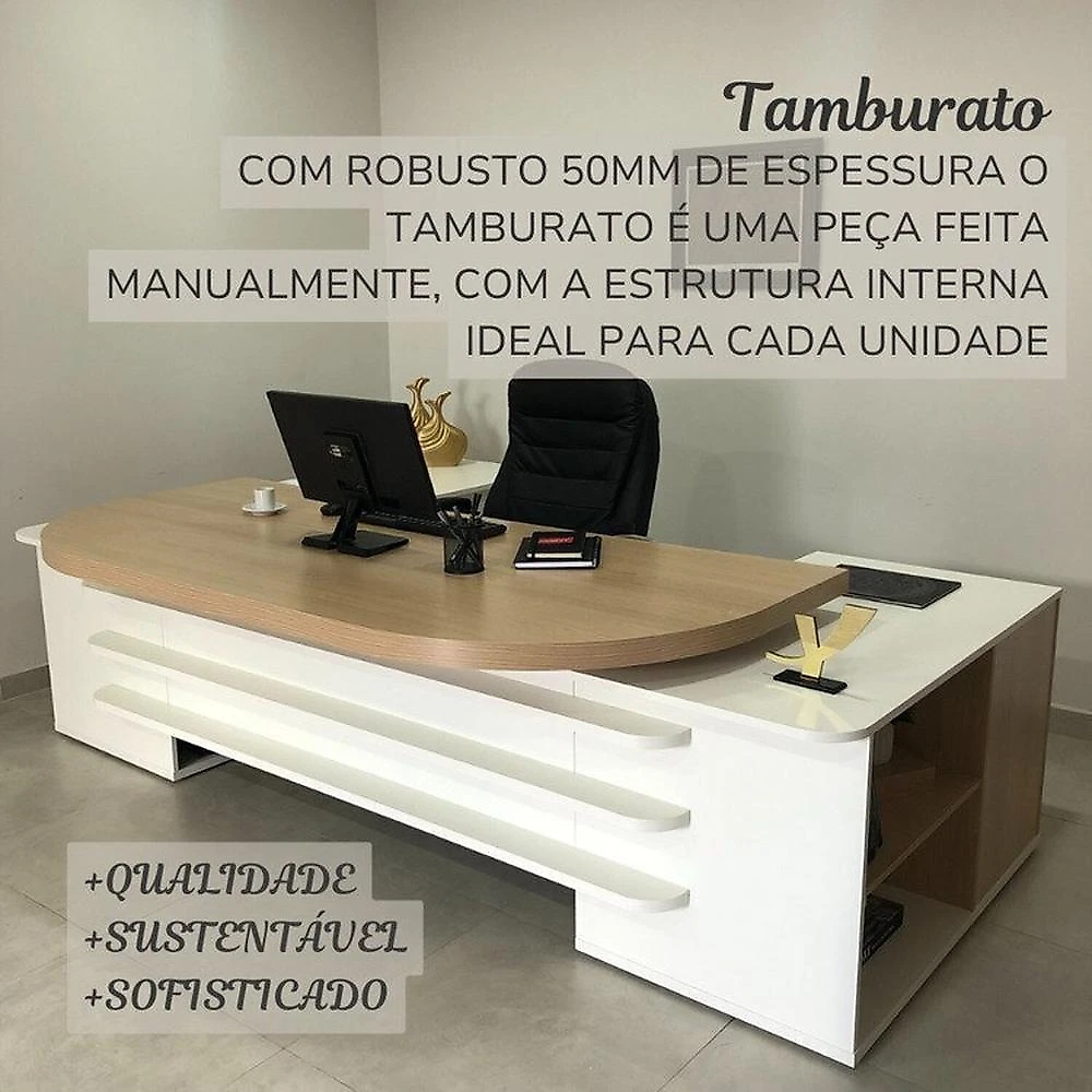 Kit 2 Peças com Mesa para Escritório Presidente em Tamburato e Armário Multiuso Alto Conjunto Para Escritório Executivo Mesa Tamburato Presidente E Armário Tamburato Com Nicho Carvalho/Branco