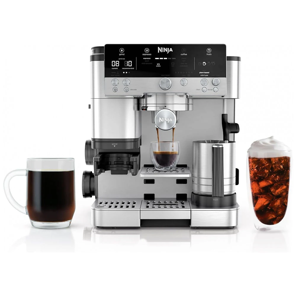 Cafeteira Ninja 3 em 1 com Moedor Integrado, Espumador de Leite e Assistente para Preparo de Espresso ES601 em Aço Inoxidável