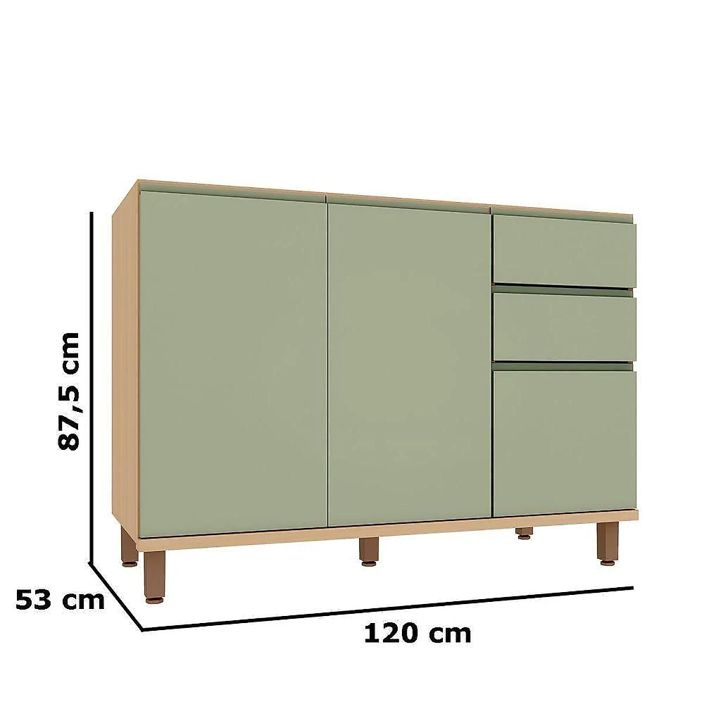 Kit Armário Aéreo e Balcão de Pia Lótus 3 Portas 2 Gavetas MDF 120CM Carvalho e Verde Luciane